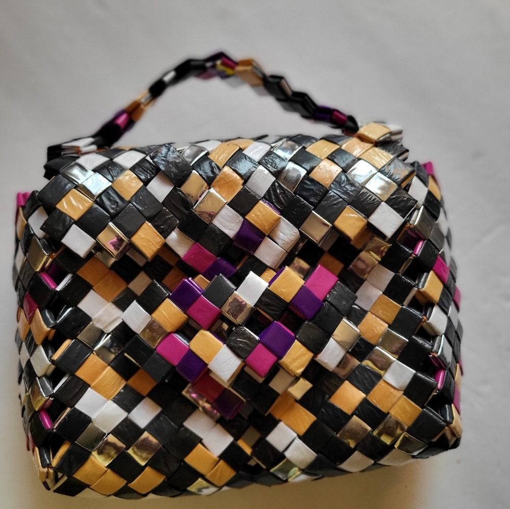 Upcycled Woven Satchel in Black, Gold, and Purple